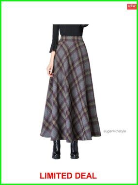 Women's Plaid Winter High Waisted Midi Maxi A-Line Flowy Skirt with Pockets